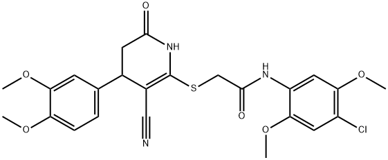 N-(4-chloro-2,5-dimethoxyphenyl)-2-{[3-cyano-4-(3,4-dimethoxyphenyl)-6-oxo-1,4,5,6-tetrahydro-2-pyridinyl]sulfanyl}acetamide 结构式