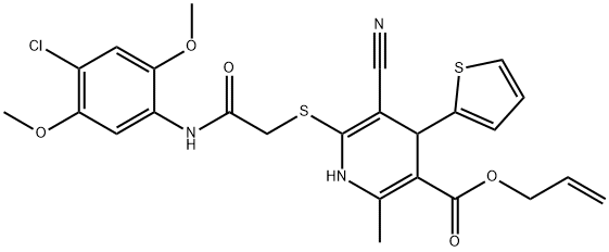 allyl 6-{[2-(4-chloro-2,5-dimethoxyanilino)-2-oxoethyl]sulfanyl}-5-cyano-2-methyl-4-(2-thienyl)-1,4-dihydro-3-pyridinecarboxylate 结构式