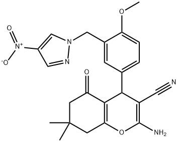 2-amino-4-[3-({4-nitro-1H-pyrazol-1-yl}methyl)-4-methoxyphenyl]-7,7-dimethyl-5-oxo-5,6,7,8-tetrahydro-4H-chromene-3-carbonitrile 结构式