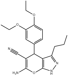 6-amino-4-(3,4-diethoxyphenyl)-3-propyl-1,4-dihydropyrano[2,3-c]pyrazole-5-carbonitrile 结构式