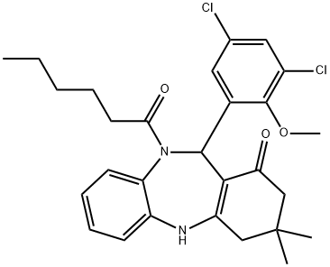 11-(3,5-dichloro-2-methoxyphenyl)-10-hexanoyl-3,3-dimethyl-2,3,4,5,10,11-hexahydro-1H-dibenzo[b,e][1,4]diazepin-1-one 结构式