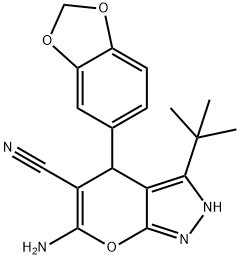 6-amino-4-(1,3-benzodioxol-5-yl)-3-tert-butyl-1,4-dihydropyrano[2,3-c]pyrazole-5-carbonitrile 结构式