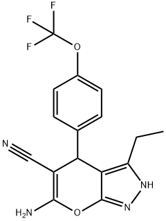 6-amino-3-ethyl-4-{4-[(trifluoromethyl)oxy]phenyl}-2,4-dihydropyrano[2,3-c]pyrazole-5-carbonitrile 结构式