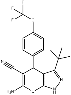 6-amino-3-(1,1-dimethylethyl)-4-{4-[(trifluoromethyl)oxy]phenyl}-1,4-dihydropyrano[2,3-c]pyrazole-5-carbonitrile 结构式