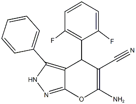 6-amino-4-(2,6-difluorophenyl)-3-phenyl-2,4-dihydropyrano[2,3-c]pyrazole-5-carbonitrile 结构式