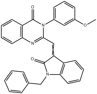2-[(1-benzyl-2-oxo-1,2-dihydro-3H-indol-3-ylidene)methyl]-3-(3-methoxyphenyl)-4(3H)-quinazolinone 结构式