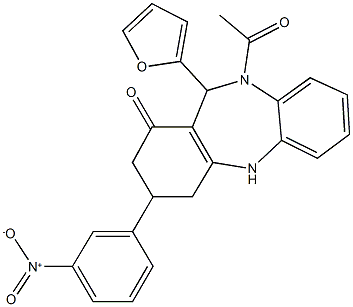 10-acetyl-11-(2-furyl)-3-{3-nitrophenyl}-2,3,4,5,10,11-hexahydro-1H-dibenzo[b,e][1,4]diazepin-1-one 结构式
