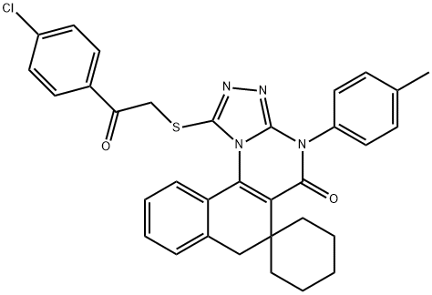 1-{[2-(4-chlorophenyl)-2-oxoethyl]sulfanyl}-4-(4-methylphenyl)-6,7-dihydrospiro(benzo[h][1,2,4]triazolo[4,3-a]quinazoline-6,1'-cyclohexane)-5(4H)-one 结构式