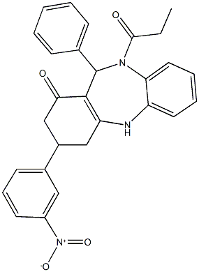 3-{3-nitrophenyl}-11-phenyl-10-propionyl-2,3,4,5,10,11-hexahydro-1H-dibenzo[b,e][1,4]diazepin-1-one 结构式