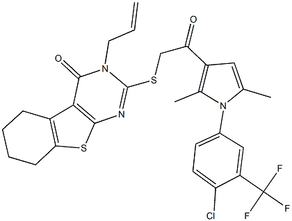 3-allyl-2-[(2-{1-[4-chloro-3-(trifluoromethyl)phenyl]-2,5-dimethyl-1H-pyrrol-3-yl}-2-oxoethyl)sulfanyl]-5,6,7,8-tetrahydro[1]benzothieno[2,3-d]pyrimidin-4(3H)-one 结构式