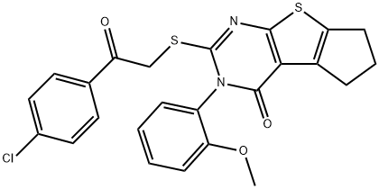 2-{[2-(4-chlorophenyl)-2-oxoethyl]sulfanyl}-3-(2-methoxyphenyl)-3,5,6,7-tetrahydro-4H-cyclopenta[4,5]thieno[2,3-d]pyrimidin-4-one 结构式