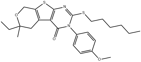 6-ethyl-2-(hexylsulfanyl)-3-(4-methoxyphenyl)-6-methyl-3,5,6,8-tetrahydro-4H-pyrano[4',3':4,5]thieno[2,3-d]pyrimidin-4-one 结构式