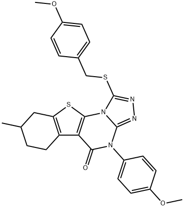 1-[(4-methoxybenzyl)sulfanyl]-4-(4-methoxyphenyl)-8-methyl-6,7,8,9-tetrahydro[1]benzothieno[3,2-e][1,2,4]triazolo[4,3-a]pyrimidin-5(4H)-one 结构式