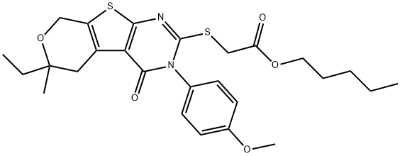 pentyl {[6-ethyl-3-(4-methoxyphenyl)-6-methyl-4-oxo-3,5,6,8-tetrahydro-4H-pyrano[4',3':4,5]thieno[2,3-d]pyrimidin-2-yl]sulfanyl}acetate 结构式