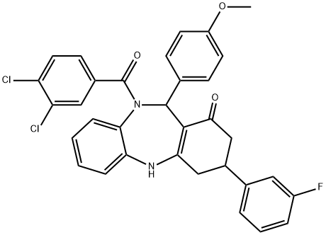 10-(3,4-dichlorobenzoyl)-3-(3-fluorophenyl)-11-(4-methoxyphenyl)-2,3,4,5,10,11-hexahydro-1H-dibenzo[b,e][1,4]diazepin-1-one 结构式