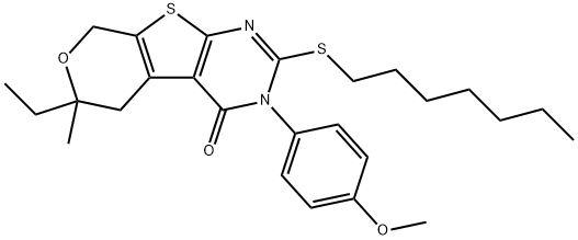 6-ethyl-2-(heptylsulfanyl)-3-(4-methoxyphenyl)-6-methyl-3,5,6,8-tetrahydro-4H-pyrano[4',3':4,5]thieno[2,3-d]pyrimidin-4-one 结构式