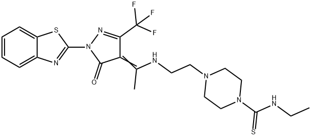 4-[2-({1-[1-(1,3-benzothiazol-2-yl)-5-oxo-3-(trifluoromethyl)-1,5-dihydro-4H-pyrazol-4-ylidene]ethyl}amino)ethyl]-N-ethyl-1-piperazinecarbothioamide 结构式