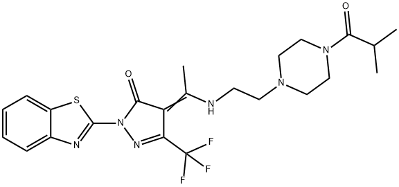 2-(1,3-benzothiazol-2-yl)-4-(1-{[2-(4-isobutyryl-1-piperazinyl)ethyl]amino}ethylidene)-5-(trifluoromethyl)-2,4-dihydro-3H-pyrazol-3-one 结构式