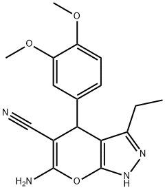 6-amino-4-[3,4-bis(methyloxy)phenyl]-3-ethyl-2,4-dihydropyrano[2,3-c]pyrazole-5-carbonitrile 结构式