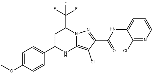 3-chloro-N-(2-chloro-3-pyridinyl)-5-(4-methoxyphenyl)-7-(trifluoromethyl)-4,5,6,7-tetrahydropyrazolo[1,5-a]pyrimidine-2-carboxamide 结构式
