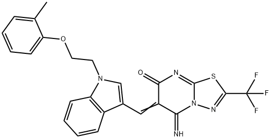 5-imino-6-({1-[2-(2-methylphenoxy)ethyl]-1H-indol-3-yl}methylene)-2-(trifluoromethyl)-5,6-dihydro-7H-[1,3,4]thiadiazolo[3,2-a]pyrimidin-7-one 结构式