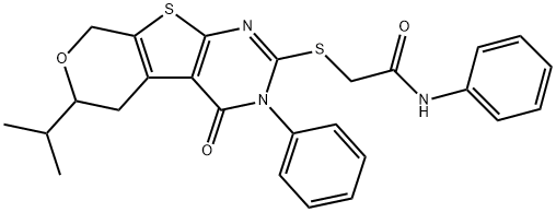 2-[(6-isopropyl-4-oxo-3-phenyl-3,5,6,8-tetrahydro-4H-pyrano[4',3':4,5]thieno[2,3-d]pyrimidin-2-yl)sulfanyl]-N-phenylacetamide 结构式
