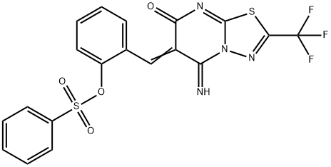 2-[(5-imino-7-oxo-2-(trifluoromethyl)-5H-[1,3,4]thiadiazolo[3,2-a]pyrimidin-6(7H)-ylidene)methyl]phenyl benzenesulfonate 结构式