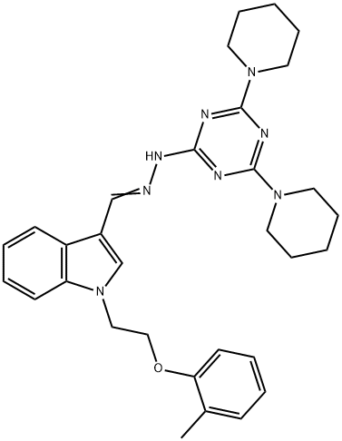 1-[2-(2-methylphenoxy)ethyl]-1H-indole-3-carbaldehyde (4,6-dipiperidin-1-yl-1,3,5-triazin-2-yl)hydrazone 结构式