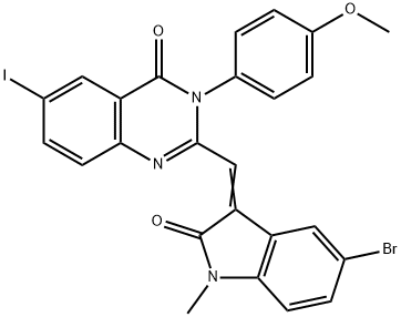 2-[(5-bromo-1-methyl-2-oxo-1,2-dihydro-3H-indol-3-ylidene)methyl]-6-iodo-3-(4-methoxyphenyl)-4(3H)-quinazolinone 结构式
