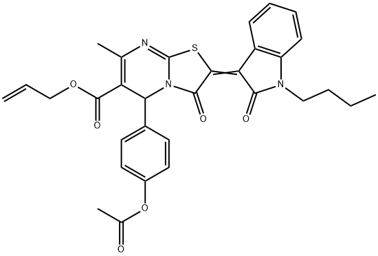 allyl 5-[4-(acetyloxy)phenyl]-2-(1-butyl-2-oxo-1,2-dihydro-3H-indol-3-ylidene)-7-methyl-3-oxo-2,3-dihydro-5H-[1,3]thiazolo[3,2-a]pyrimidine-6-carboxylate 结构式