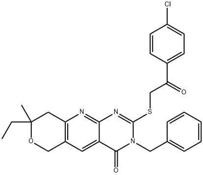 3-benzyl-2-{[2-(4-chlorophenyl)-2-oxoethyl]sulfanyl}-8-ethyl-8-methyl-3,6,8,9-tetrahydro-4H-pyrano[3',4':5,6]pyrido[2,3-d]pyrimidin-4-one 结构式