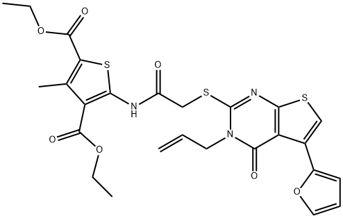 diethyl 5-[({[3-allyl-5-(2-furyl)-4-oxo-3,4-dihydrothieno[2,3-d]pyrimidin-2-yl]sulfanyl}acetyl)amino]-3-methyl-2,4-thiophenedicarboxylate 结构式