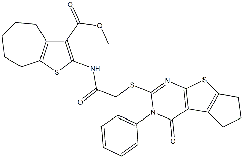 methyl 2-({[(4-oxo-3-phenyl-3,5,6,7-tetrahydro-4H-cyclopenta[4,5]thieno[2,3-d]pyrimidin-2-yl)sulfanyl]acetyl}amino)-5,6,7,8-tetrahydro-4H-cyclohepta[b]thiophene-3-carboxylate 结构式