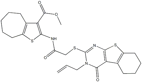 methyl 2-({[(3-allyl-4-oxo-3,4,5,6,7,8-hexahydro[1]benzothieno[2,3-d]pyrimidin-2-yl)sulfanyl]acetyl}amino)-5,6,7,8-tetrahydro-4H-cyclohepta[b]thiophene-3-carboxylate 结构式