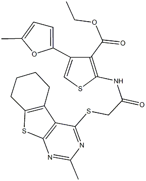 ethyl 4-(5-methyl-2-furyl)-2-({[(2-methyl-5,6,7,8-tetrahydro[1]benzothieno[2,3-d]pyrimidin-4-yl)sulfanyl]acetyl}amino)-3-thiophenecarboxylate 结构式