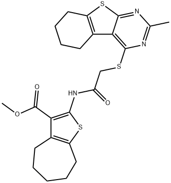 methyl 2-({[(2-methyl-5,6,7,8-tetrahydro[1]benzothieno[2,3-d]pyrimidin-4-yl)sulfanyl]acetyl}amino)-5,6,7,8-tetrahydro-4H-cyclohepta[b]thiophene-3-carboxylate 结构式