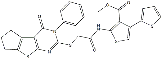 methyl 2-({[(4-oxo-3-phenyl-3,5,6,7-tetrahydro-4H-cyclopenta[4,5]thieno[2,3-d]pyrimidin-2-yl)sulfanyl]acetyl}amino)-2',4-bithiophene-3-carboxylate 结构式