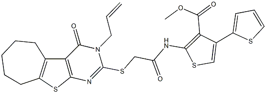 methyl 2-({[(3-allyl-4-oxo-3,5,6,7,8,9-hexahydro-4H-cyclohepta[4,5]thieno[2,3-d]pyrimidin-2-yl)sulfanyl]acetyl}amino)-2',4-bithiophene-3-carboxylate 结构式