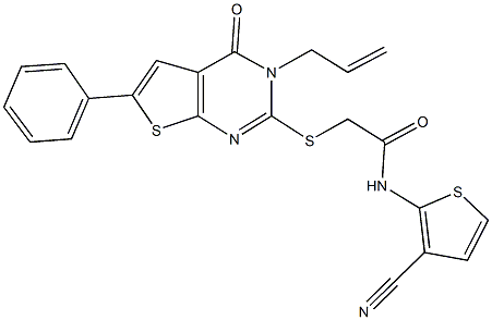 2-[(3-allyl-4-oxo-6-phenyl-3,4-dihydrothieno[2,3-d]pyrimidin-2-yl)sulfanyl]-N-(3-cyano-2-thienyl)acetamide 结构式