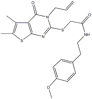 2-[(3-allyl-5,6-dimethyl-4-oxo-3,4-dihydrothieno[2,3-d]pyrimidin-2-yl)sulfanyl]-N-[2-(4-methoxyphenyl)ethyl]acetamide 结构式