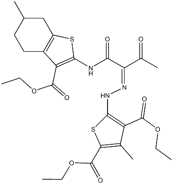 diethyl 5-{2-[1-({[3-(ethoxycarbonyl)-6-methyl-4,5,6,7-tetrahydro-1-benzothien-2-yl]amino}carbonyl)-2-oxopropylidene]hydrazino}-3-methyl-2,4-thiophenedicarboxylate 结构式