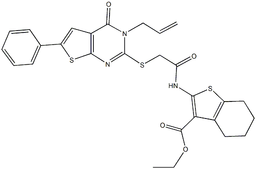 ethyl 2-({[(3-allyl-4-oxo-6-phenyl-3,4-dihydrothieno[2,3-d]pyrimidin-2-yl)sulfanyl]acetyl}amino)-4,5,6,7-tetrahydro-1-benzothiophene-3-carboxylate 结构式