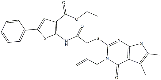 ethyl 2-({[(3-allyl-5,6-dimethyl-4-oxo-3,4-dihydrothieno[2,3-d]pyrimidin-2-yl)sulfanyl]acetyl}amino)-5-phenyl-3-thiophenecarboxylate 结构式