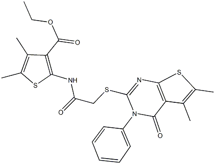 ethyl 2-({[(5,6-dimethyl-4-oxo-3-phenyl-3,4-dihydrothieno[2,3-d]pyrimidin-2-yl)sulfanyl]acetyl}amino)-4,5-dimethylthiophene-3-carboxylate 结构式