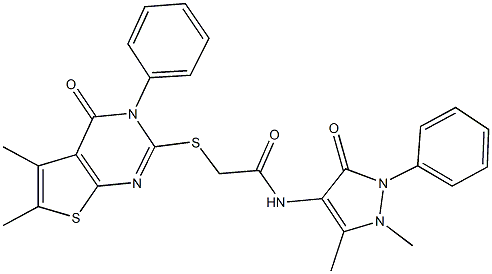 N-(1,5-dimethyl-3-oxo-2-phenyl-2,3-dihydro-1H-pyrazol-4-yl)-2-[(5,6-dimethyl-4-oxo-3-phenyl-3,4-dihydrothieno[2,3-d]pyrimidin-2-yl)sulfanyl]acetamide 结构式