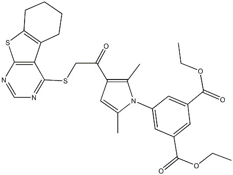 diethyl 5-{2,5-dimethyl-3-[(5,6,7,8-tetrahydro[1]benzothieno[2,3-d]pyrimidin-4-ylsulfanyl)acetyl]-1H-pyrrol-1-yl}isophthalate 结构式