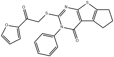 2-{[2-(2-furyl)-2-oxoethyl]sulfanyl}-3-phenyl-3,5,6,7-tetrahydro-4H-cyclopenta[4,5]thieno[2,3-d]pyrimidin-4-one 结构式