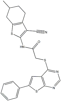 N-(3-cyano-6-methyl-4,5,6,7-tetrahydro-1-benzothien-2-yl)-2-[(6-phenylthieno[2,3-d]pyrimidin-4-yl)sulfanyl]acetamide 结构式