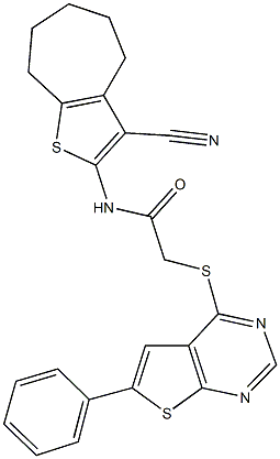 N-(3-cyano-5,6,7,8-tetrahydro-4H-cyclohepta[b]thien-2-yl)-2-[(6-phenylthieno[2,3-d]pyrimidin-4-yl)sulfanyl]acetamide 结构式