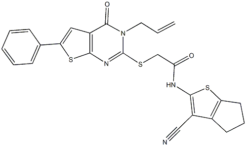 2-[(3-allyl-4-oxo-6-phenyl-3,4-dihydrothieno[2,3-d]pyrimidin-2-yl)sulfanyl]-N-(3-cyano-5,6-dihydro-4H-cyclopenta[b]thien-2-yl)acetamide 结构式
